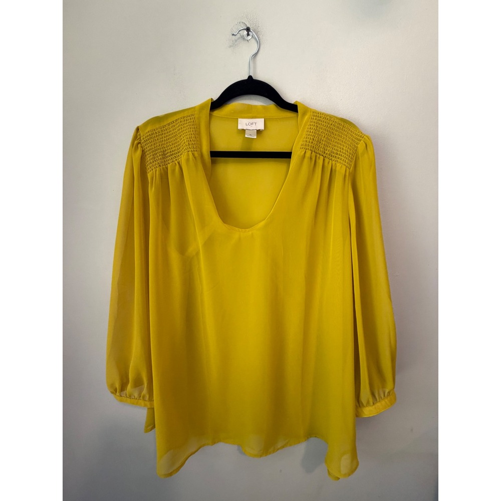 Loft Ann Taylor Mustard Yellow Smocked Shoulder U-Neck Chiffon Blouse XL